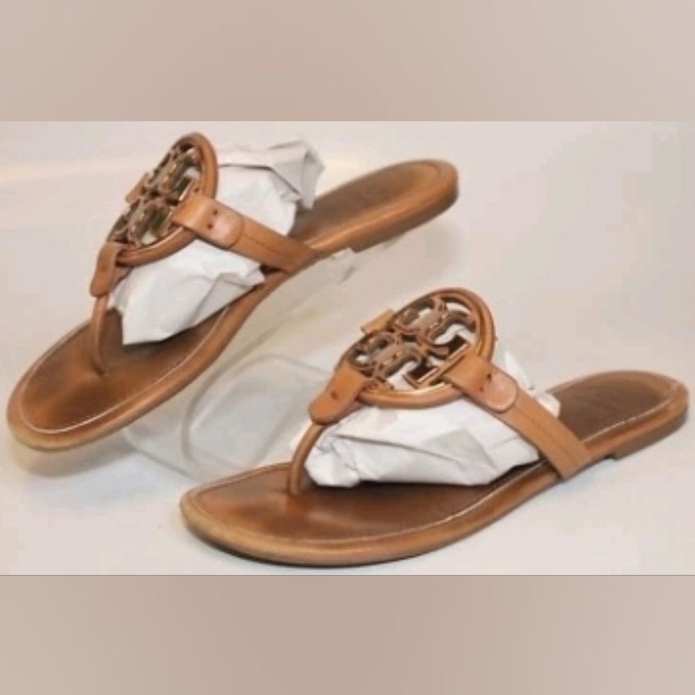 Tory Burch Designer Metal Miller Tan Light Brown Leather Sandals 7 M - Picture 3 of 3